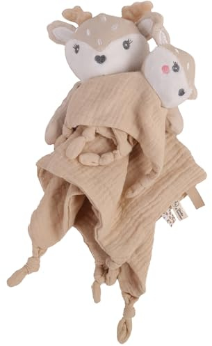 DODO D'AMOUR - Schmusetuch Quadrat Eltern und Baby - Reh - 053050 - Beige - Schmusetuch - Geburt - Plüschtier - Baby - Beruhigend - Weich - Waschbar - 29 cm x 22 cm - Ab 0 Monaten