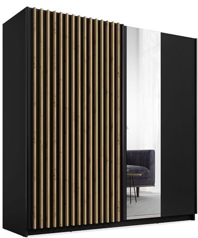 Schwebetürenschrank Castari (2 Türen, 4 Ablageböden, 1 Kleiderstange, 1-St., moderne Optik, Griffleisten, Lamellen, ohne Soft-Close, Kunststofffüße) 2-türig, Lamellen in artisan eiche & Spiegel