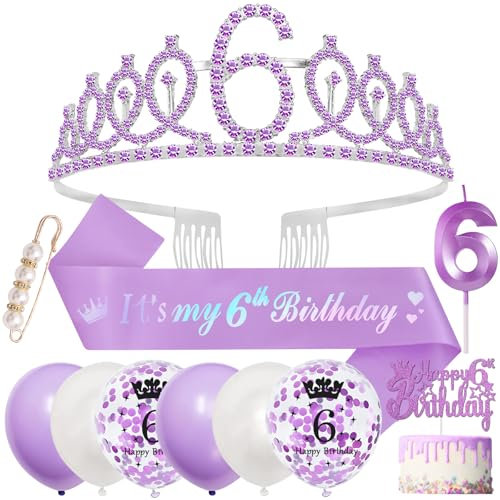 6th Birthday Decorations, 6th Birthday Sash and Tiara 6 Year Old Girls Gifts,Purple Crown Headband Sash,Balloons Cake Topper Candles Gifts for 6 Year Old for Girls