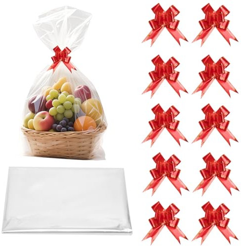 10pcs Large Clear Cellophane Gift Bags, 70 x 50cm Cellophane Wrap Bags with Pull Bows Resealable Basket Gift Bag for Hamper Making Birthday Christmas Festival Presents or Fruit Packaging