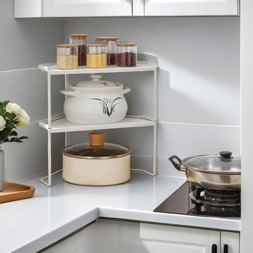 SHBaizoy 2 Stück Stapelbar Küchenschrank Organizer,Metalle Eckregal Küchen Organizer,Badezimmer Lagerung mit Anti-Rutsch Matte,Regaleinsatz für küchenschrank,für Küche/Bad/Tischplatte. (2, Weiß)