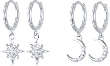 Hinvan 2 Paare Creolen Silber Ohrringe Hängend 925 Sterling Silber Ohrringe Stern Mond Klein Creolen mit Stern Anhänger Schlafen Knorpel Kreolen Ohrhänger Zirkonia für Damen Frauen Mädchen