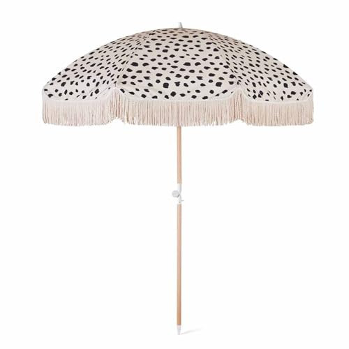 XQJLBZA Sombrilla de Jardín Ø200 CM con Lunares y Flecos, Protección UV50+, Sombrilla de Playa con Función de Inclinación, Parasol Portátil para Exteriores