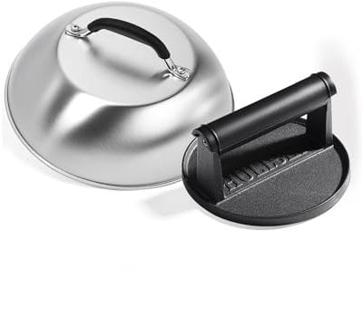 HULISEN Cast Iron Burger Press and 9 Inch Stainless Steel Melting Dome, Griddle Accessories Kit for Bacon, Cheese, Steak, Burger Smasher, Flat Top Cooking, Indoor & Outdoor Use
