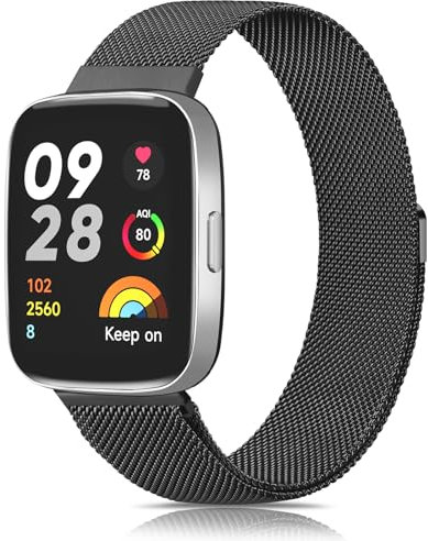 AK Armband für Xiaomi Redmi Watch 3 Active Armband für Herren Damen, Metall Armbänder, Edelstahl Mesh Uhrenarmband Magnet Verstellbares Ersatzarmband für Redmi Watch 3 Active (Schwarz)