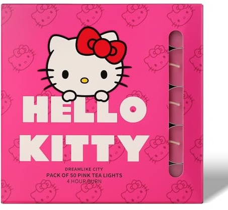 Hello Kitty Scented Tealight Candles Pack of 50 | Dreamlike City Fragrance | Pink Tea Lights with 4-Hour Burn Time | Standard Size (D3.77 x H1.45cm) | Wax & Aluminium Cups | Cute Home Decor & Gifts