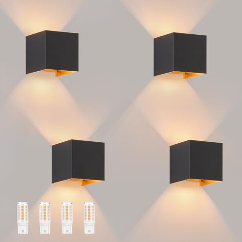 Laittiin LED Wandleuchte Innen Wandlampe - 4ER Aussenlampe Schwarz Gold G9 Außenlampe Up Down wandleuchten Innen/Aussen Einstellbar Abstrahlwinkel IP65 3000K Außenwandleuchten für Hauswand Garten