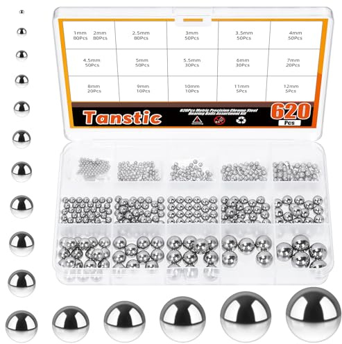 Tanstic 620pcs Assortiment de billes de roulement en acier de précision métrique (Bearing Steel, 16 Sizes) 1mm 2mm 2.5mm 3mm 3.5mm 4mm 4.5mm 5mm 5.5mm 6mm 7mm 8mm 9mm 10mm 11mm 12mm
