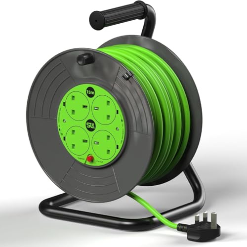 SLx Extension Lead 15m 4 Socket Open Cable Reel with Thermal Cut Out, Heavy Duty Long Reach Extension Cable for Garden, DIY and Workshop, 13A Fused UK Plug in Grey & Green