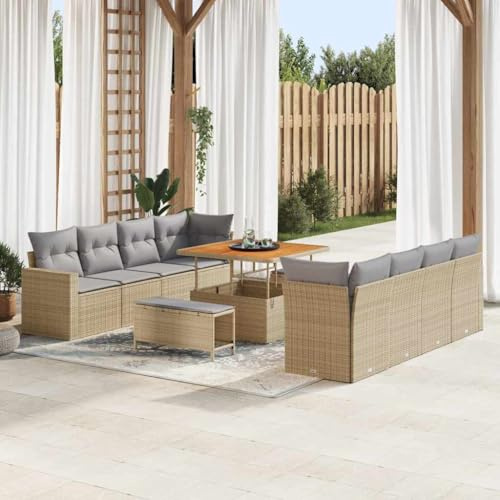 Runheo Garten-Sofa-Set 11-teilig, Beige Poly-Rattan, Akazienholz, UV-beständig, modulare Outdoor-Sitzgruppe für Terrasse und Balkon, langlebig
