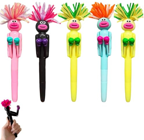 KxrTpx 5Pack Funny Boxing Pens with Mop Head Toppers, Novelty Pens for Stress Relief and Desk Games, Fun Writing Tools, Boxing Gifts for Men and Office Supplies