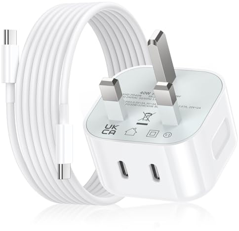 iPad Charger and Plug 40W USB C Charger & 2M Cable, Dual Type C Port Fast Wall Charger Compatible with iPad Pro 12.9 2022-2025/11 2021-2024, iPad Air 11 Gen 6th/10.9 Gen 4th/5th, iPad Mini 7th/6th