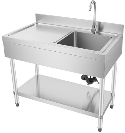 PBTERDTF Freistehende Edelstahl Spüle 1 Basin (Rechts) Gewerbliche Küchenspüle mit Wasserhahn & Regale Garten Spültisch für Außen, Innen, Küche, Restaurant 100x60x80cm