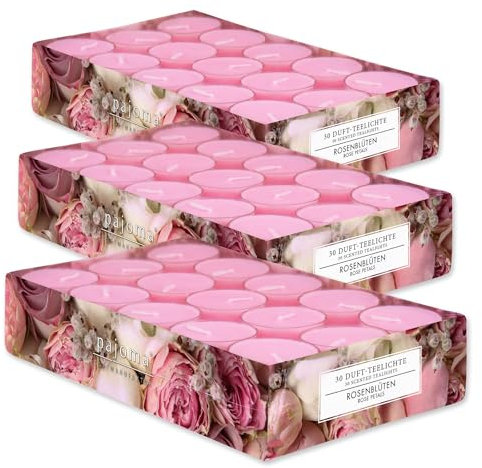 pajoma® Lot de 3 bougies chauffe-plat en forme de fleur de rose - 90 bougies chauffe-plat parfumées dans un étui en polycarbonate - Durée de combustion : environ 4 heures - Hauteur : 1,5 cm - Diamètre