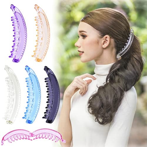 RC ROCHE 6 Stück Bananenspange Banana Clip Haarklammer Haarspange Pferdeschwanz Damen Bananenklammer Hochwertig Robust für Mehr Volumen, Groß Transparent Multifarben