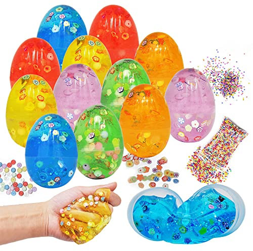 JOYIN Lot de 12 œufs de Pâques Préremplis avec Slime, Mastic Irisé avec Accessoires Assortis, Jouets Anti-Stress pour Enfants, Chasse aux œufs de Pâques, Remplisseur de Paniers, Thème de Pâques