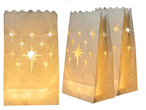 Homemory White Luminary Bags, Upgraded Moisture-Proof Candle Bags, Stars Design Luminaries for Wedding, Party, Halloween, Thanksgiving, Christmas (24)