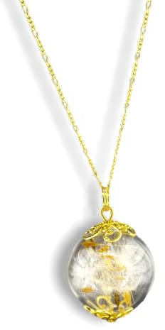 MadamLili Echte Pusteblumen Anhänger Set – 925 Sterling Silber vergoldet – Damen Halskette 70 cm – Handgefertigter Glaskugel Anhänger mit Löwenzahnsamen – Naturschmuck für Naturliebhaber – Schmuckbox