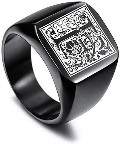 VIBOOS Benutzerdefinierte gravierte Initiale Monogram Signet Ring für Männer Frauen Jungen Herren Ringe Edelstahl, Bündel mit Ringgrößeneinstellern (Schwarze Farbe)