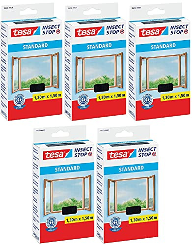 tesa® Insect Stop Standard Fliegengitter für Fenster - Insektenschutz zuschneidbar (5er Pack - Anthrazit (Durchsichtig))