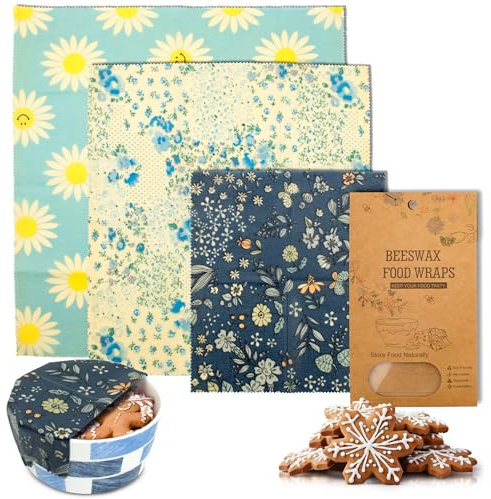 PUREVACY Wiederverwendbare Bienenwachs-Wraps klein, mittel, groß 3 Stück Blumen Druck Bienenwachs Wraps für die Aufbewahrung von Lebensmitteln Natürliche Baumwolle und Bienen Wax Wraps