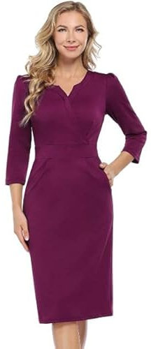 KOJOOIN Vestido de trabajo para mujer, con cuello en V, entallado, entallado, Fucsia 1, XL
