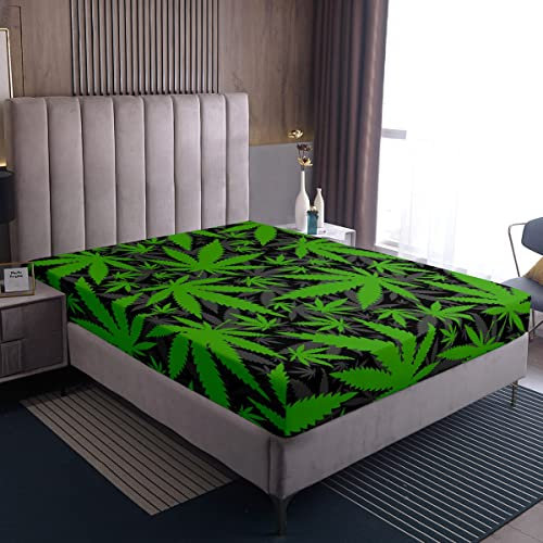 Loussiesd Marihuana Blatt Spannbetttuch 90x200cm Cannabis Print Spannbettlakens Grün Grau Botanische Zweige Bettlaken Für Jungen Mädchen Jugend für Schlafzimmer Dekor Marihuana Weed Blatt