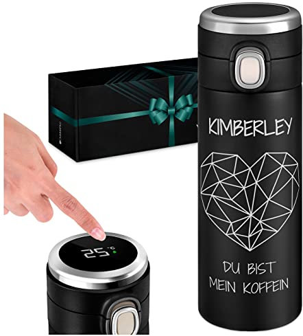 Maverton Thermobecher Kaffeebecher mit Gravur 400 ml - Trinkflasche Auslaufsicher 100% dicht - Thermo Trinkflasche mit LED-Temperaturanzeige - Travel Mug für Frauen - schwarz - Herz