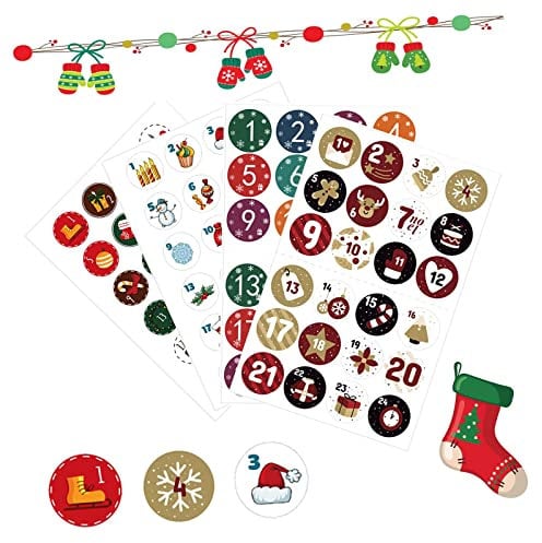 Aufkleber Adventskalender, Adventskalender Nummern, 4 x 24 Sticker für Aufkleber Zahlen Adventskalender, Kalender Zum Befüllen, Papiertüten Weihnachten,Adventskranz Selber Basteln,Adventskalendertüten
