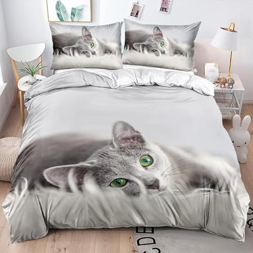 DXHOME Blau Katze Bettwäsche 135x200 4teilig Katzenmotiv 3D Bettwäsche Blau Weiß Flauschige Mikrofaser Wendebettwäsche für Kinder Mädchen Jungen mit Reißverschluss und 2 Kissenbezüge 80x80 cm