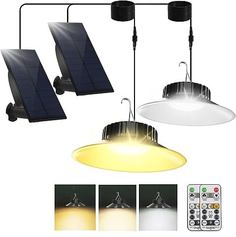 2Pack Solar Shed Lights Outdoor/Indoor, Dimmable/Timing Solar Pendant Light with Remote Control, IP65 Waterproof Solar Lights with 9.84FT Cord for Garden Courtyard Barn Balcony Corridor Gazebo