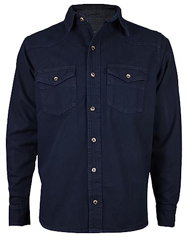 True Face Mens Denim Shirt 100% Cotton Multi Pocket Long Sleeve Casual Collared Button Down Washed Effect Shirts Top Navy XL
