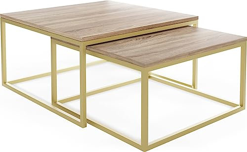 WFL GROUP Rechteckige Quadratische Satztische Couchtische - Gold Gestell - Loft Style Couchtische Metallbeine - 2 in 1 - Zwei Industrielle Getrennte Tische für Wohnzimmer - Eiche Sonoma
