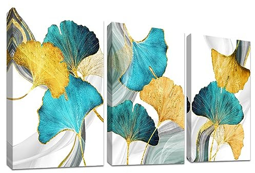 3 Pcs Mit Rahmen Leinwand Bilder Malerei Poster Kunstdruck Goldene Ginkgo Biloba Blätter Bild auf Leinwand Wandbilder Wohnzimmer Schlafzimmer Badezimmer Wanddekoration 150x70cm (20x28x3pcs)