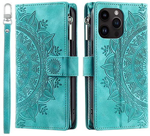 VEEMOS Wallet Case for iPhone 15 Pro Flower Flip Case Protective Leather Folio Book Phone Cover with Card Slots Kickstand Zipper Pocket - Green