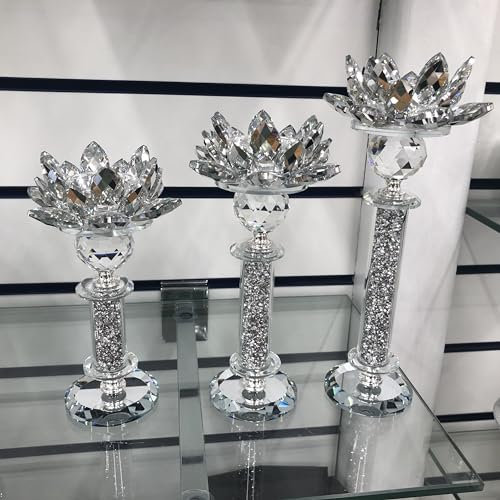 3 Tier Candle holder pillar set silver flower candle stick crushed diamond crystal diamanate glass home decor gift