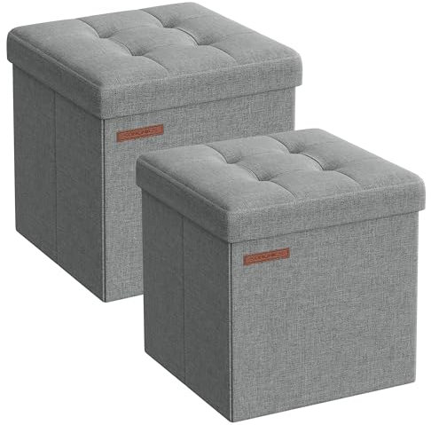 SONGMICS Storage Ottoman, Set of 2, Storage Bench, Footrest, Bed End Stool, for Living Room, Bedroom, 30 x 30 x 30 cm, Light Grey LSF028G42