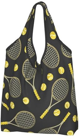 FLYIFE Lustige Tennisschläger und Tennisbälle bedruckte faltbare Tragetasche – umweltfreundliche Einkaufstasche, leicht und langlebig, 1 Stück, Lustige Tennisschläger und Tennisbälle., Einheitsgröße