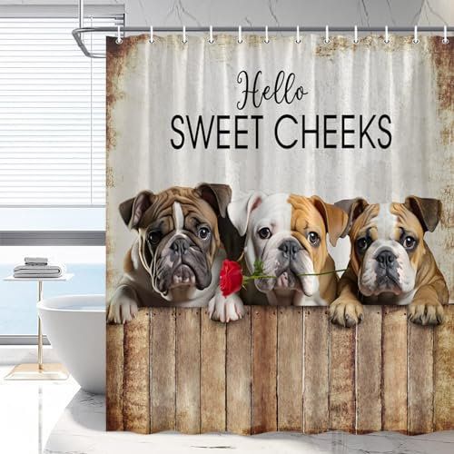 Lustiger Hunde-Duschvorhang, Mops, rustikales Tier, Vintage, Hello Sweet Cheeks, Rosen, romantisch, niedlich, Badezimmer-Dekor, Aquarell, Cartoon, mit Haken, 178 x 177,8 cm