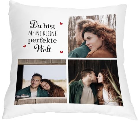 Romantisches Foto-Kissen perfekte Welt | personalisiert mit 3 Wunschfotos | Kuschelkissen | Schmusekissen | Dekogeschenk | 40 x 40cm | Geschenkidee für Männer und Frauen