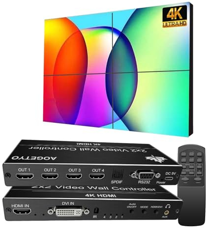 Video Wall Controller 2x2,4K30 UHD DVI & HDMIinput TV Wall Controller, supporto 180 gradi di rotazione, audio 3.5mm, funzione di memoria, telecomando + pulsante Press+RS232 controllo 1x1 1x2 2x1 1x3