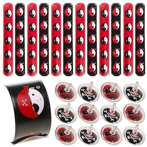 PartyPack Piraten Schnapparmband Kreisel Set - 24x Piraten Party Set, Kindergeburtstag Spiele Gastgeschenke Armband und Kreisel Mitgebsel Give-Away, Mitbringsel, Adventskalender, Schultüten füllung.