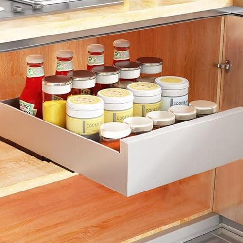 Gluhbirnen Teleskopschublade, Ausziehbarer Schrank Organizer, Ausziehbare Schublade Küche, Schubladeneinsätze für Küchenschrank, Schrank Schubladen Ausziehbar, Weiß, 40 * 43 * 9CM