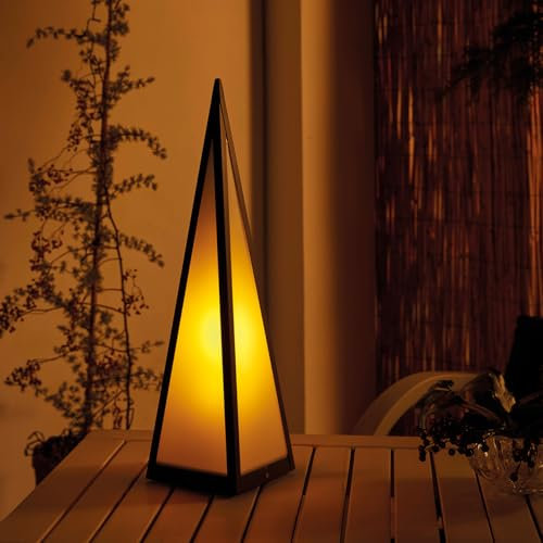 Battery Powered Black Pyramid Lantern Lamp – 10 Lumen Weatherproof Metal Freestanding Indoor Outdoor Home Garden LED Light for Table, Patio, Decking, Pathway, Balcony, Yard – H45 x 12cm Diameter