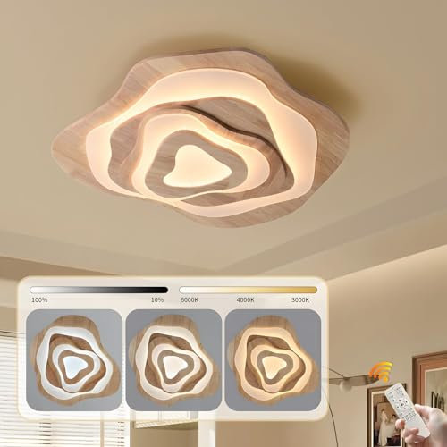 YYUTLUO Holz LED Deckenleuchte, 65W=Ø80cm 5500lm 3000K-6000K, Dimmbare Schlafzimmer Deckenleuchte, Wohnzimmer Licht Acrylschirm Herzform, Moderne Runde Deckenleuchte