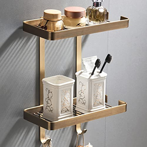 KKXXYQFC Badezimmer-Regal, Eckregal für Badezimmer-Trennwand, antike Bronze-E-Badezimmer-Eckregale, 2-lagiges massives Kupfer-Wand-Badezimmerregal, Shampoo-Aufbewahrungszubehör, Regale
