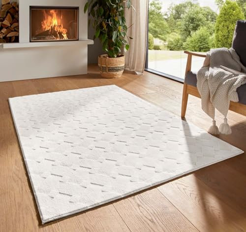 Kurzflor Boho Skandi Polyester Teppich in 3D Optik waschbar, pflegeleicht und robust ideal fürs Wohnzimmer, Schlafzimmer und Kinderzimmer auch als Badematte Creme karos kariert 240X340 cm