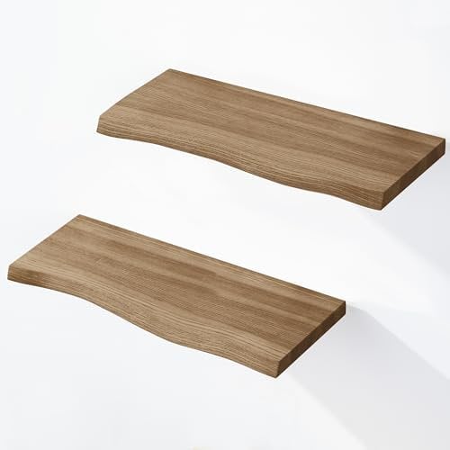 LAMO Manufaktur 2 étagères Murale en Bois avec Fixation Invisible 2X 40cm | Etagère Murale en 100% Bois Massif | Etagère Murale pour Salon | Set 2 étagères Bord irrégulier Couleur: Marron Noisette