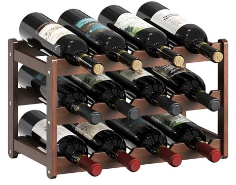 CAMOAT Botelleros para encimera, 3 pisos de 12 botellas de madera, bodega, cocina, enfriador de vino, bar, estante de almacenamiento de vino, 4 soportes para copas de vino (marrón) (CAWR-03)