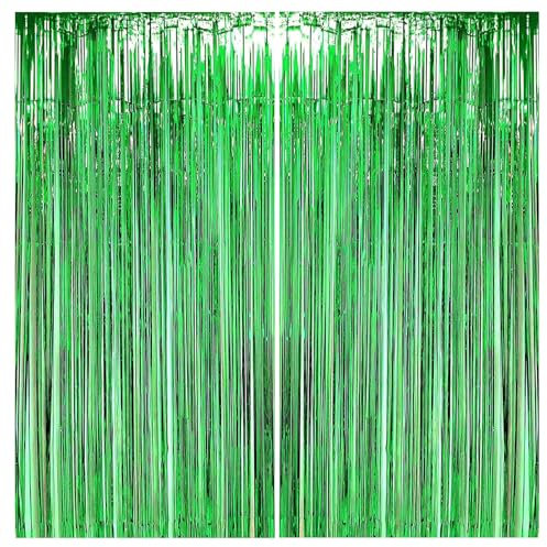 2pcs Green Glitter Tinsel Curtains, 1*2m Shimmer Party Foil Door Curtains with Metallic Fringe Tassel Tinsel Backdrop for Luau Hawaiian Safari Jungle Xmas Party Décor